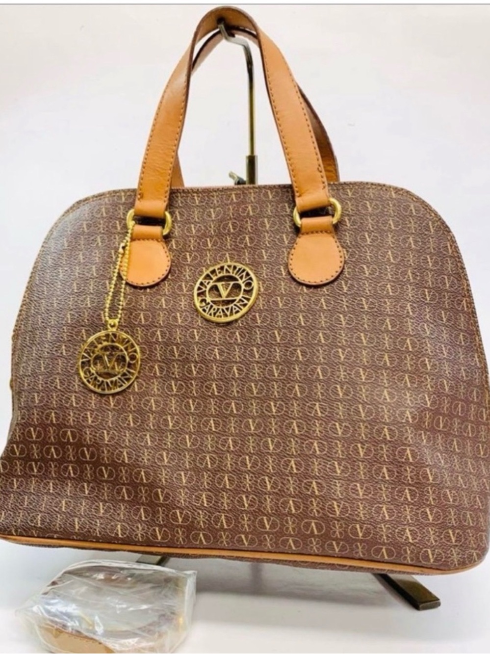 Valentino Garavani Brown Monogram Satchel with Tan Handles
